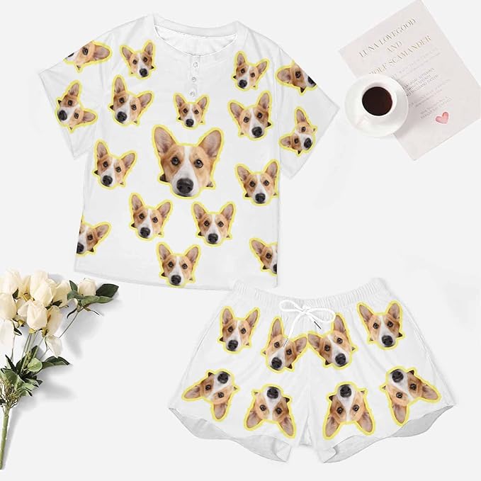 Custom Short Pajamas Set with Face Photo Women‘s Sleepwear Tee Personalized PJ Short Loungewear Set fot Her