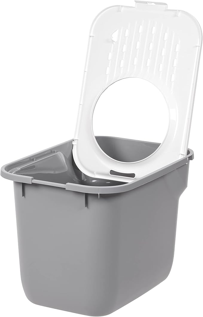 IRIS USA Cat Litter Box, Large Cat Box Enclosure, Top Entry with Litter Catching Lid, Enclosed with Scoop, Gray/White