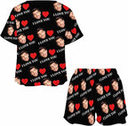 Custom Short Pajamas Set with Face Photo Women‘s Sleepwear Tee Personalized PJ Short Loungewear Set fot Her