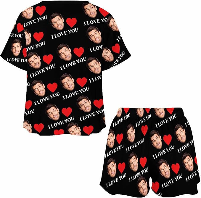Custom Short Pajamas Set with Face Photo Women‘s Sleepwear Tee Personalized PJ Short Loungewear Set fot Her