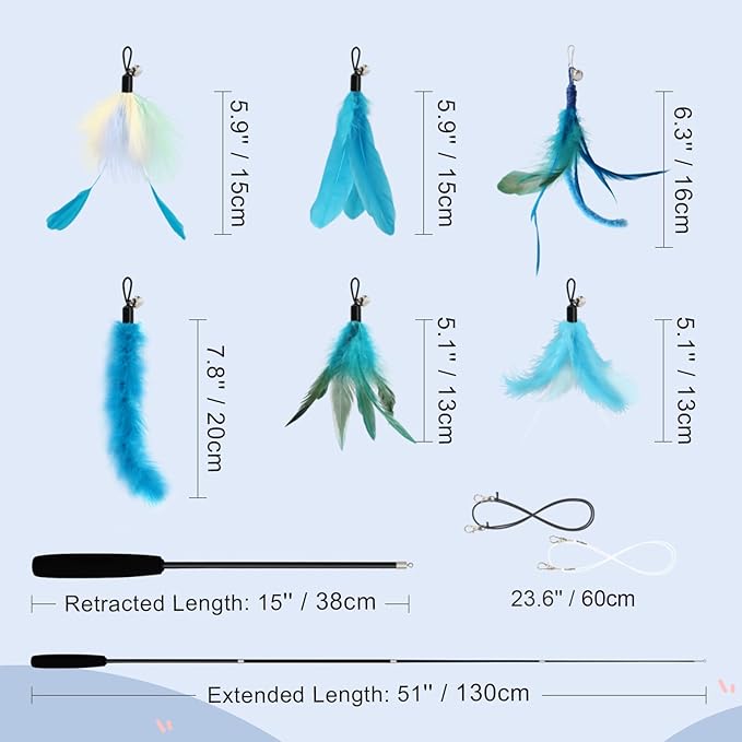 SONGWAY Cat Wand Toys for Indoor Cats - Cat Toy Set with Retractable Teaser Wand and 6 PCS Fairy Feather Toy Refills, Dragonfly Tassel Plush Cat Toys Interactive, Blue