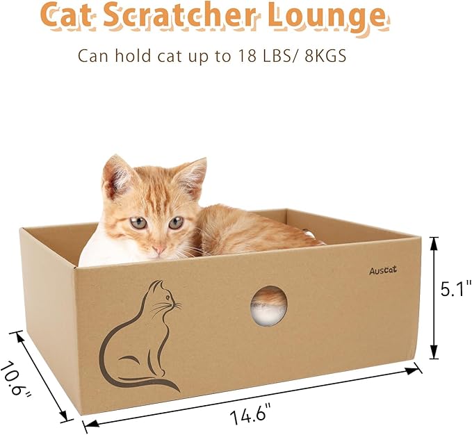 AUSCAT Cat Cardboard Scratcher, 4 PCS Reversible Cat Scratching Boards with Box for Indoor Kitty to Rest and Play, 14.8" L x 10.8" W x 5.2" H.