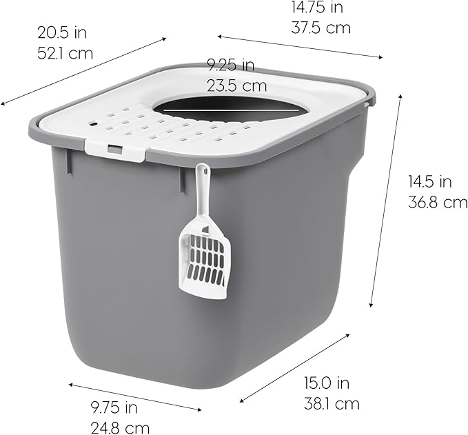 IRIS USA Cat Litter Box, Large Cat Box Enclosure, Top Entry with Litter Catching Lid, Enclosed with Scoop, Gray/White
