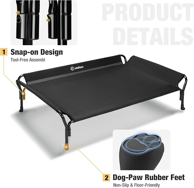 Veehoo Cooling Elevated Dog Bed, Raised Pet Cot with Guardrail & Slope Headrest, Durable & Breathable Teslin Mesh, Non-Slip Feet, Washable Dog Sofa Bed for Indoor & Outdoor, Large 47" x 32", Black