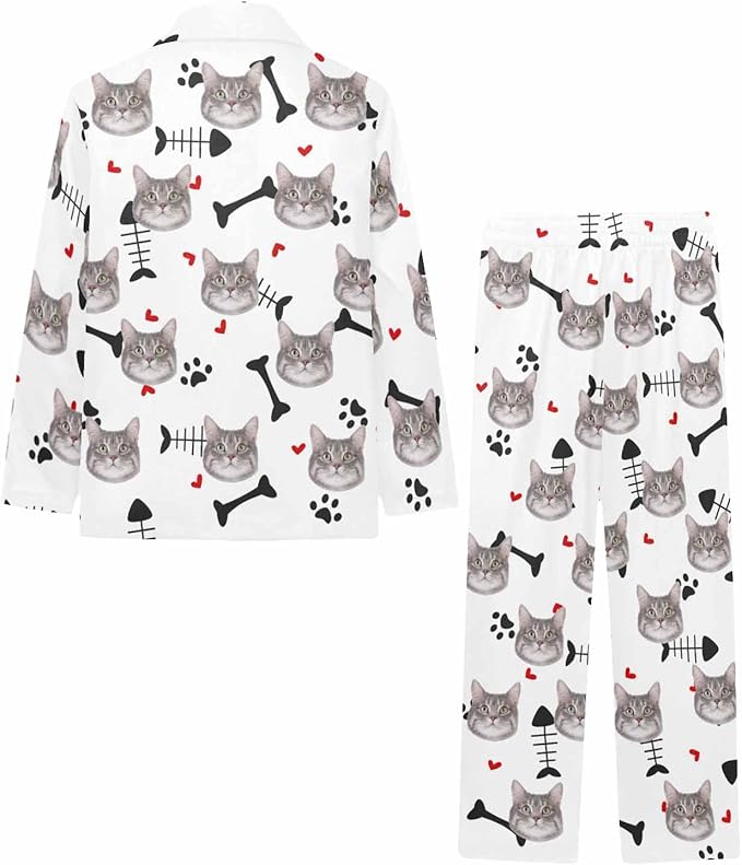 Artsadd Girls Pajamas Set Custom Face Pet Photo Long Sleeve Sleepwear Personalized Printed V-Neck Button-up Pants Nightwear