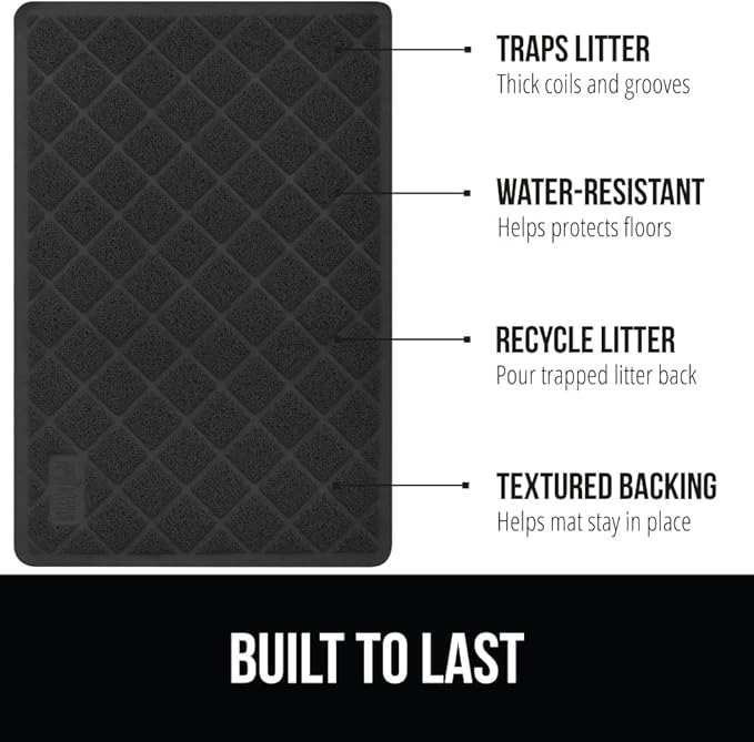 GORILLA GRIP Cat Litter Box Mat, 40x28, Water Resistant, US Designed Kitty Litter Trapping Mats, Easy to Clean, Scatter Control, Less Mess and Clean Floors, Kitten Supplies for Indoor Cats, Black