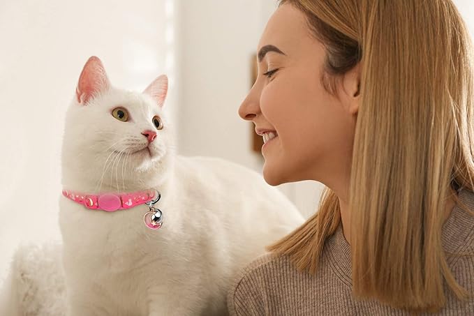Baeuppit 2PCS Breakaway Cat Collars with Bell Moons Stars Cute Kitty Adjustable Safe Kitten Collars with Pendant Glow in The Dark(Black&Pink)