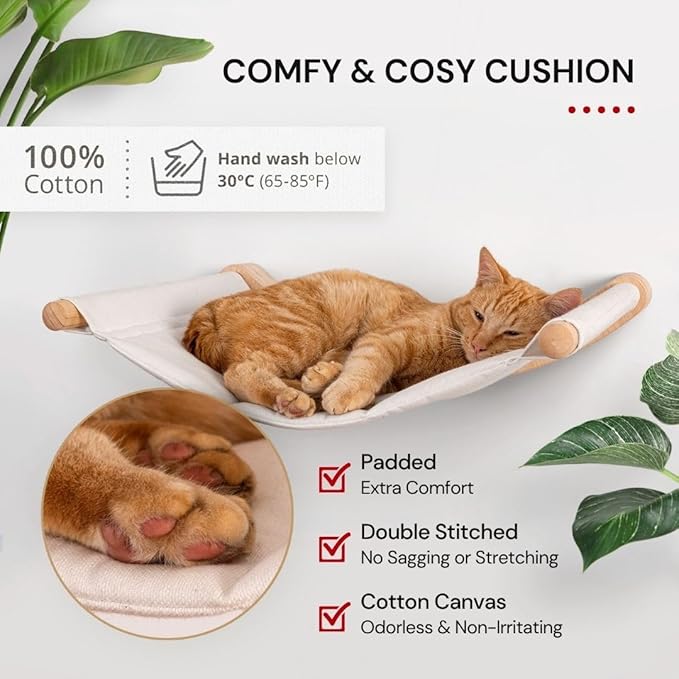 7 Ruby Road Cat Hammock Wall Mounted for Large and Indoor Cats or Kitty, Cute Bed Perch Shelf for Sleeping, Climbing and Lounging, Modern Shelves and Perches, Wooden Mount Cat Wall Furniture & Beds