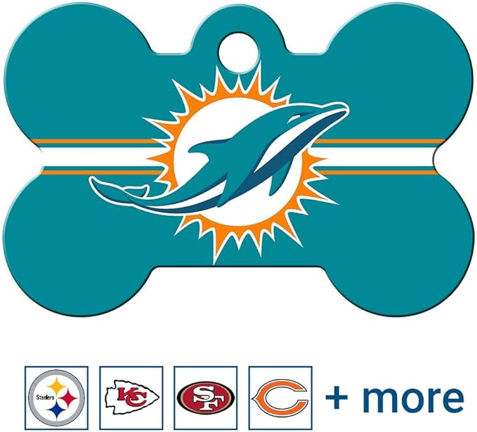 GoTags Personalized Miami Dolphins Dog Tag, Brass Metal Bone Shape Pet ID Tag Engraved with Name and Custom Text, Every NFL Football Team Pet Apparel (Large)