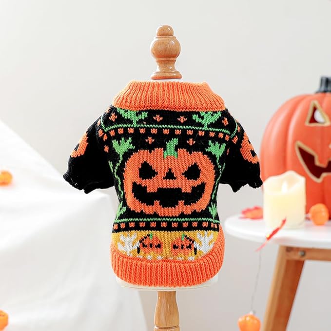 ANIAC Halloween Small Dog Sweater Pumpkin Cat Turtleneck Knitwear Warm Pet Halloween Costume Pumpkin cat Outfit Holiday Puppy Dog Clothes for Girl Boys (Black+Orange, Medium)