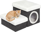 B FSOBEIIALEO Cat House Pet Stairs for Beds Sofa, Foldable Dog Steps 2-Tier With Storage Toy Box, Small Indoor Pet Steps Grey 15.7x12.6x12.6 Inches
