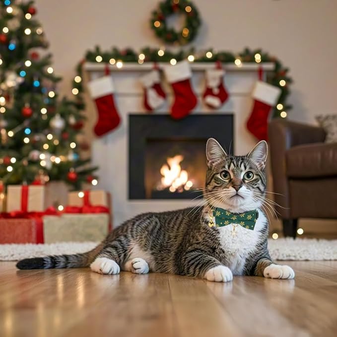 Christmas Cat Collar 2 Pack Cotton Bowtie Cat Collars Glittery Snowflakes Cute Kitten Collar(Red+Green)