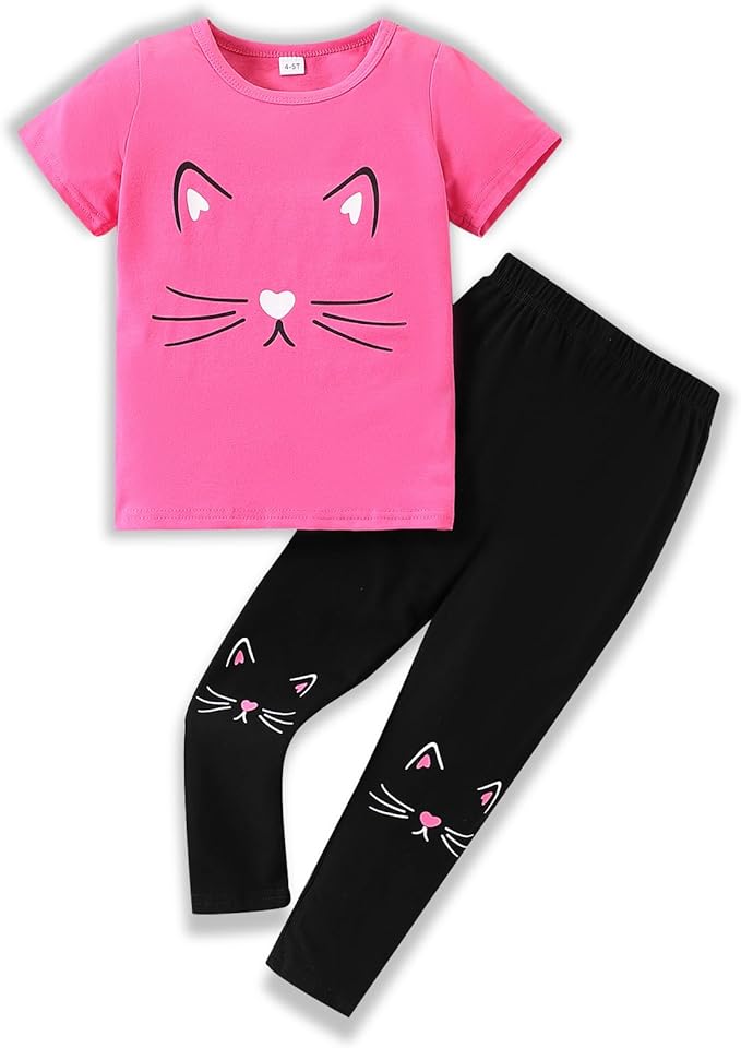 4-8T Toddler Girl Clothes Cat face print Short Sleeve Top+Pants Outfits Girl Spring and summer 2-Piece Set