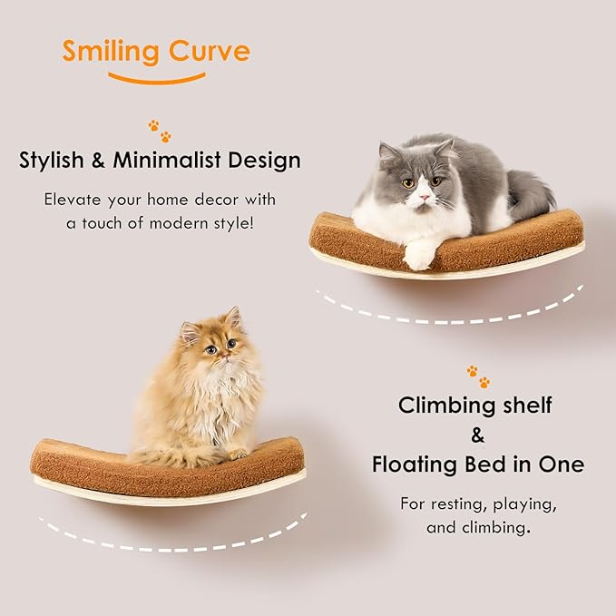 Curved Cat Wall Shelves and Perches, Floating Cat Wall Bed Furniture with Comfortable Cushion