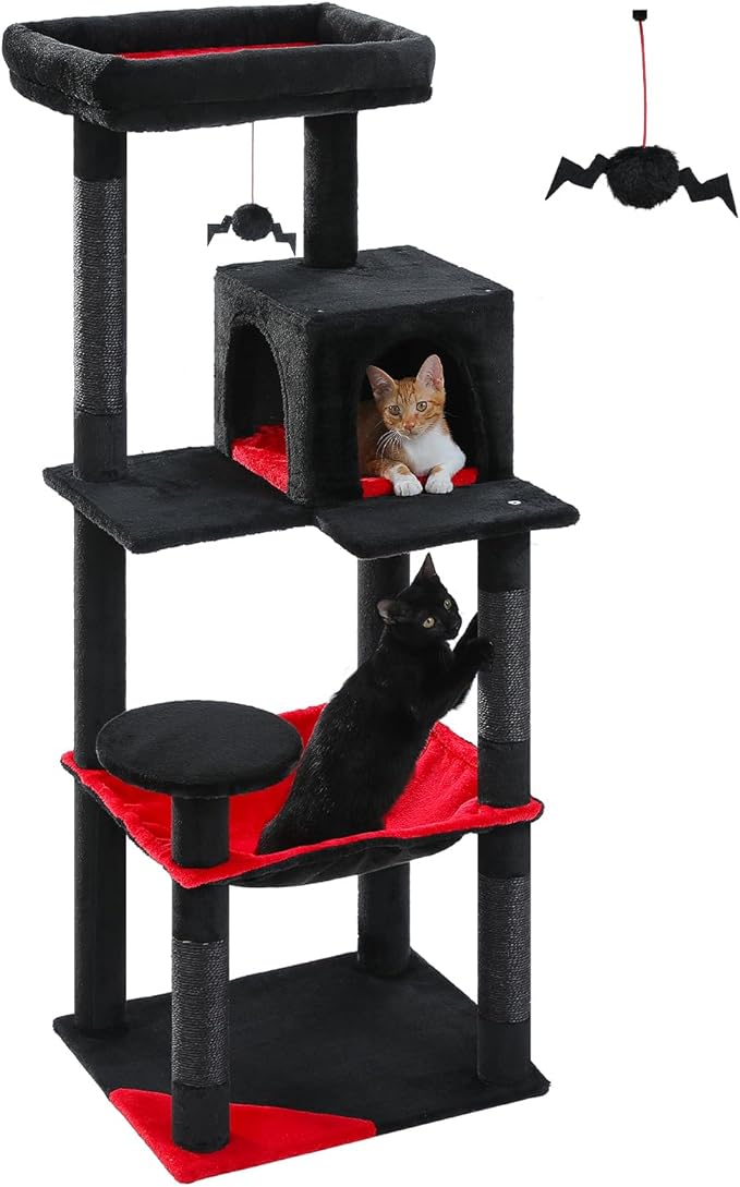 Gothic Cat Tree with Super Large Hammock, 56.3" Black Cat Tower with Coffin Bed, Cat Condo, Sisal Scratching Posts & Top Perch, Multi-Level Goth Cat Tree, Halloween, Black