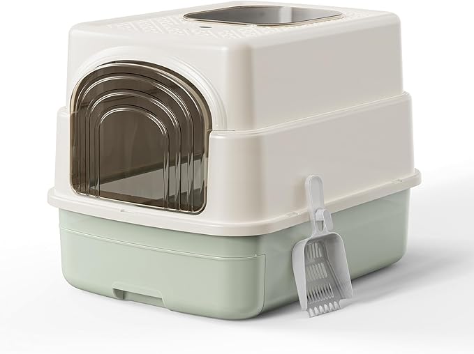 Basics Cat Litter Box with Lid,Fully Enclosed Litter Box with Scoop,Standard Kitty Litter Boxes with Drawer,Front Entry Top Exit Kitty Box,Non-Sticky, Anti-Leakage, Easy Cleaning (Green)