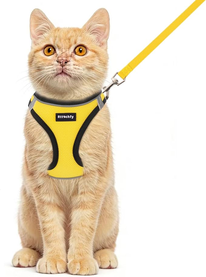 Rttochfy Cat Harness and Leash Set, Escape Proof Kitten Harness, Soft and Breathable Vest with Reflective Strip, Easy to Wear for Cats Walking and Traveling (BK Yellow, S)
