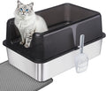 Cat Litter Box – Open Top Stainless Steel Large Litter Pan for Big Cats – High Sided Non-Stick Anti-Leakage – Easy to Clean with Scoop & Litter Mat (Black)
