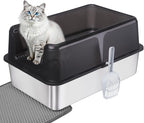 Cat Litter Box – Open Top Stainless Steel Large Litter Pan for Big Cats – High Sided Non-Stick Anti-Leakage – Easy to Clean with Scoop & Litter Mat (Black)