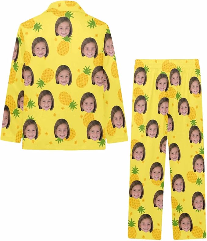 Artsadd Girls Pajamas Set Custom Face Pet Photo Long Sleeve Sleepwear Personalized Printed V-Neck Button-up Pants Nightwear
