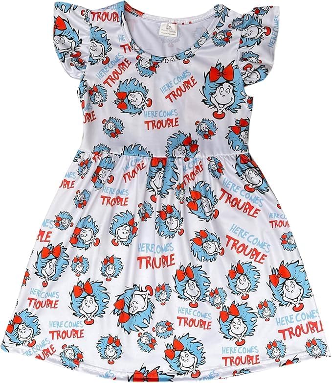 Baby Girls Spring Summer Cat in The Hat Dress Girls Flutter Sleeve Boutique Dress