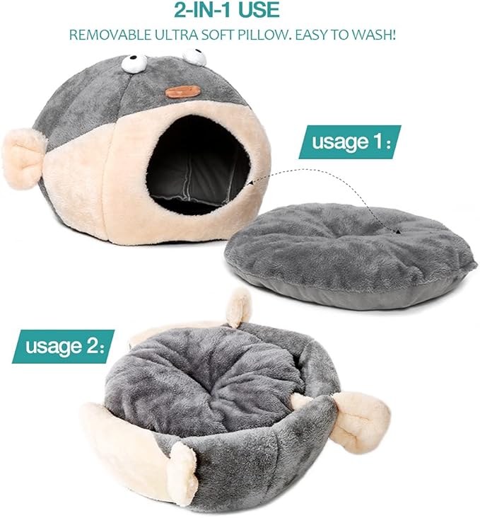 Cat Beds for Indoor Cats - Cat Bed Cave with Removable Washable Cushioned Pillow, Soft Plush Premium Cotton No Deformation Pet Bed, Lively Pufferfish cat House Design, Grey, Multiple Sizes