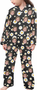 Artsadd Girls Pajamas Set Custom Face Pet Photo Long Sleeve Sleepwear Personalized Printed V-Neck Button-up Pants Nightwear