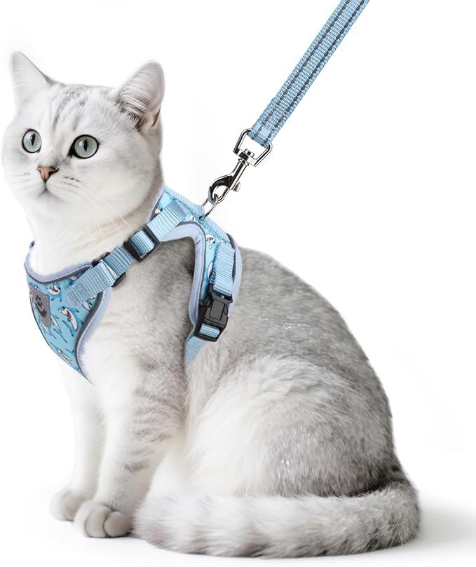 PUPTECK Cat Harness and Leash Set Escape Proof Reflective Cat Walking Harness Adjustable Soft Breathable Mesh Vest for Small Pets, Blue Sharks, M