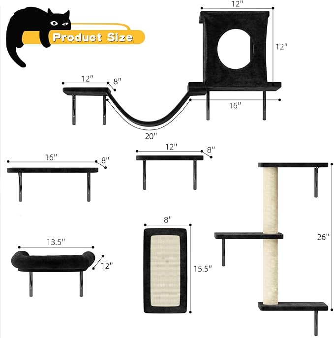 NUNU LAB Cat Wall Shelves, 6 Pcs Luxury Wall-Mounted Cat Climber Set, Indoor Cat Furniture with 1 Condos House, 2 Cat Wall Shelves, 1 Scratching, 1 Bridge Ladder, 1 Scratching Pad, Black