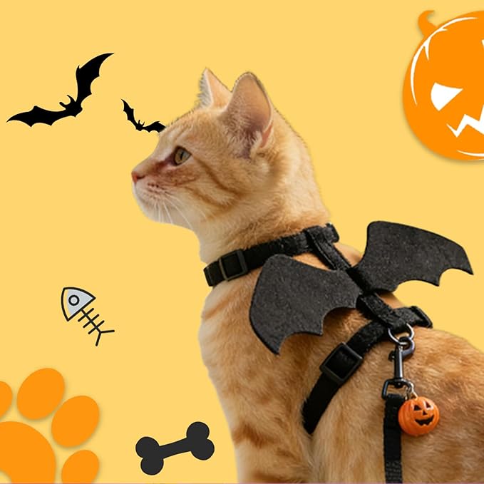 Cat Harness and Leash, Cat Halloween Costumes with Bat Wings Escape Proof Soft Adjustable Vest, Easy Control Breathable Halloween Costumes Harness for Small Dogs Cats Rabbits (M)