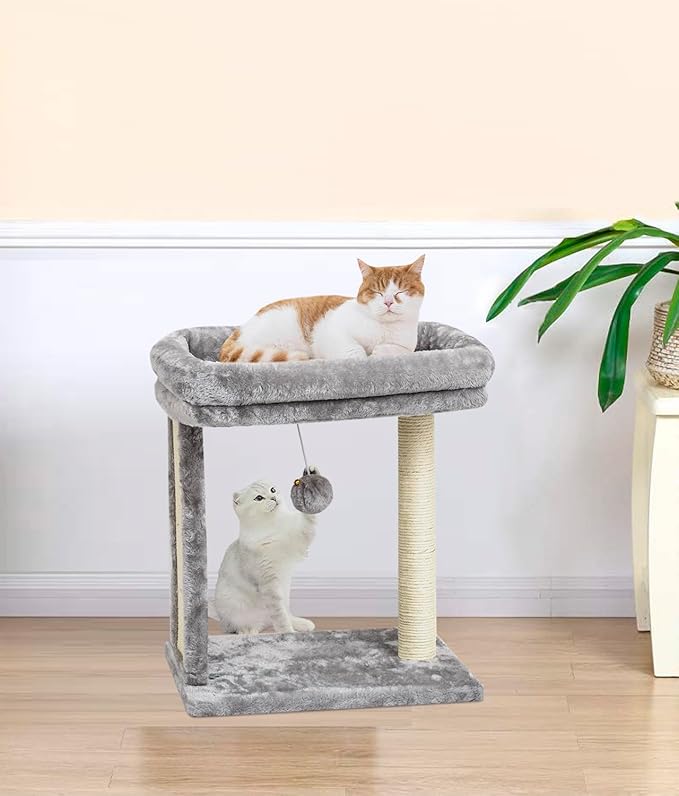 SYANDLVY Cat Tree with Scratching Post for Indoor Cats, Scratching Board with Perch, Cat Post Scratcher with 2 Dangling Balls, Great for Kittens, Grey