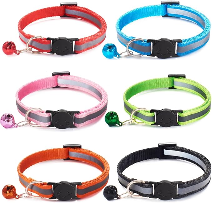 6 Pack Reflective Cat Collar with Bell, Breakaway and Safe Collars for Cats, Nylon, Pet Collar Mixed Colors Adjustable19-32cm