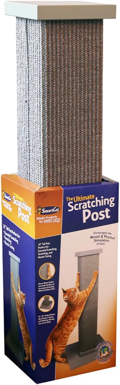 SmartCat Ultimate Scratching Post – Gray, Large 32 Inch Tower - Sisal Fiber, Simple Design - For All Cats