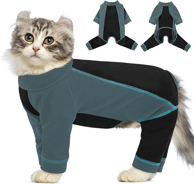 SUNFURA Hair Sticky Cat Clothes, Cat Sweater for Cats Only, 4-Legged Fleece Sweaters Kitten Pajamas Reduce Shedding Fur, Warm Pullover Shirts for Cats, Green L