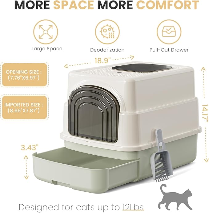 Basics Cat Litter Box with Lid,Fully Enclosed Litter Box with Scoop,Standard Kitty Litter Boxes with Drawer,Front Entry Top Exit Kitty Box,Non-Sticky, Anti-Leakage, Easy Cleaning (Green)