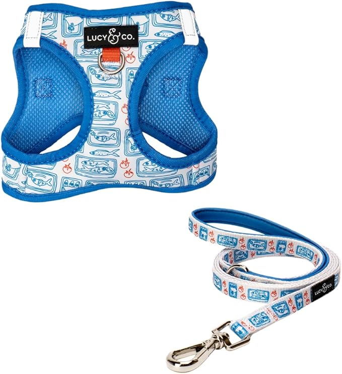 Lucy & Co. Tinned Fish Step-in Cat Harness & Leash Bundle – Reflective, Breathable & Adjustable Harness for Cats, Kittens & Small Dogs, Lightweight & Secure and Dual Leash Clips – X-Small