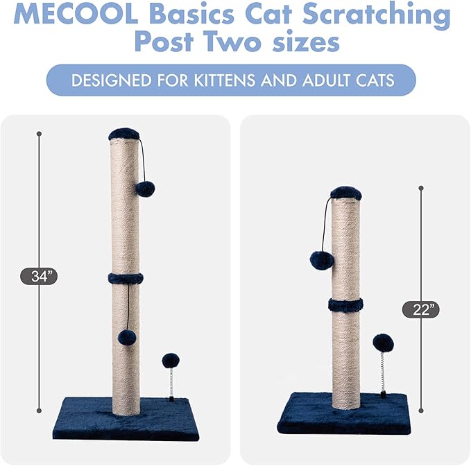 MECOOL 34“ Tall Cat Scratching Post Premium Basics Kitten Scratcher Sisal Scratch Posts Trees with Hanging Ball for Indoor Cats, Navy