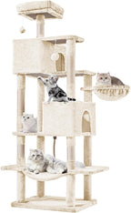 Sweetcrispy 66 Inch Cat Tree Tower, Multi Level Cat Climbing Tower with Natural Sisal Scratching Posts, Hammock, Pet Condo for Indoor Cats and Kittens Play, Beige
