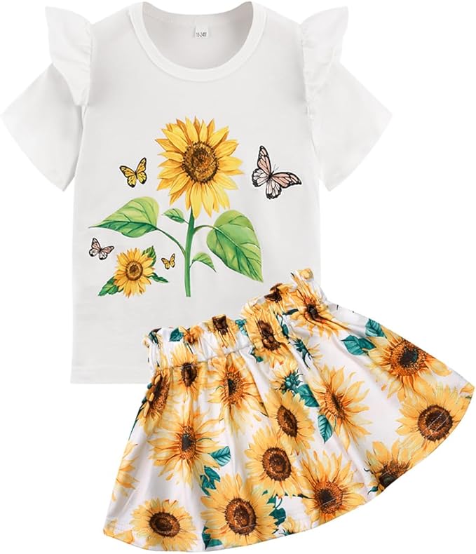 Akyzic Little Girl Skirt Outfit Two Piece Spring Summer Outfit Butterfly Dress Cat Print Skirt Toddler Girl Outfit Set