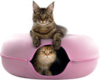 Cattasaurus Peekaboo Cat Cave Donut for Multiple & Large Cats up to 30-45 lbs, 3-in-1 Self Warming Cat Bed, Tunnel & Scratcher for Indoor Cats, Washable & Detachable Small Dog Bed (Pink, Jumbo)