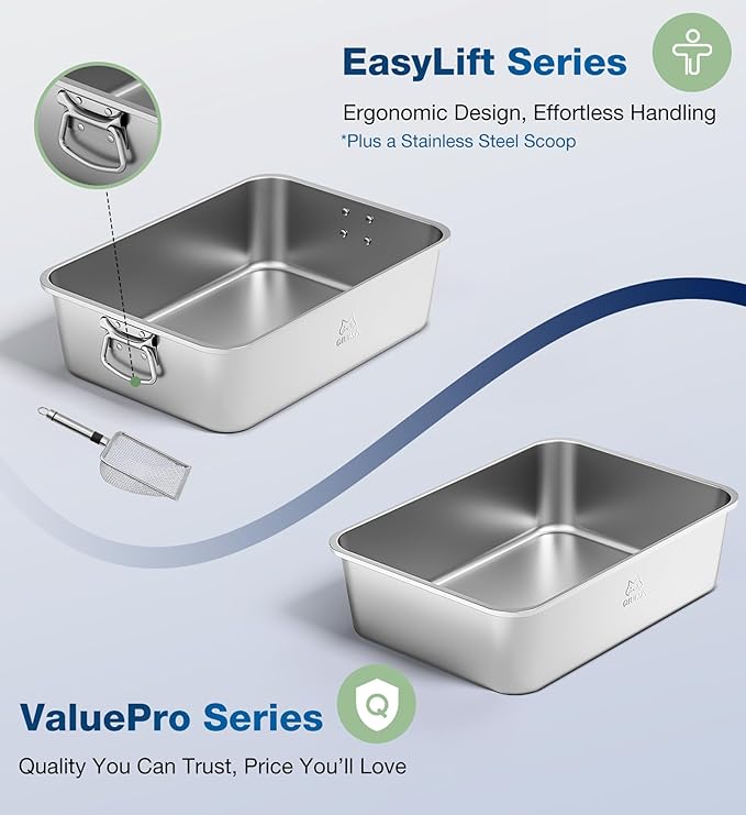 Stainless Steel Metal Litter Box with Handle, Extra Large Cat Litter Box with High Sides, Odor-Free, Non-Stick, Easy to Clean, 23.4"×15.6"×7.8", Ideal for Large Cats & Multi-Cat Households