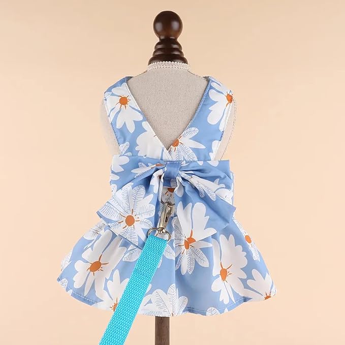 Dog Dress Bowknot Harness Leash Set for Small Girl Dogs Blue Daisy Floral Dog Cat Clothes Cute Puppy Outfits Pet Clothes Spring Summer Breathable Dresses(Large)