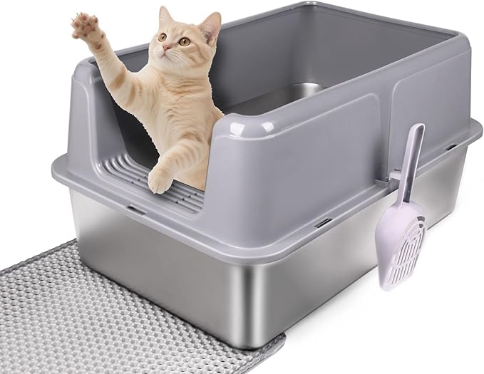 Stainless Steel Cat Litter Box - XL Enclosed High-Sided Pan for Big Cats - Non-Stick Odor Resistant - Easy to Clean with Scoop & Mat