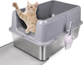 Stainless Steel Cat Litter Box - XL Enclosed High-Sided Pan for Big Cats - Non-Stick Odor Resistant - Easy to Clean with Scoop & Mat