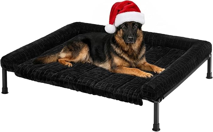 Veehoo Elevated Dog Bed Large Sized with Fluffy Plush Bolster Cushion, Washable Orthopedic Dog Couch Bed, Cooling Raised Pet Cot with Removable Mat, Breathable Mesh, No-Slip Feet, 45x 34 inches, Black