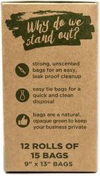 Lillian Ruff Doggie Bags for Poop - 12 Rolls of 13 x 9 Inch Extra Thick Leak Proof Unscented Dog Poop Bags - 15 Waste Bags Per Roll Total of 180 Easy to Open Doggy Bags