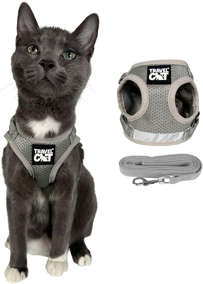 Travel Cat Harness and Leash Set - Adjustable Fit Mesh Cat Harness and Reflective Strap - Comfort Walking Vest for Kitten for Outdoor Walking, Hiking (Small, Grey)