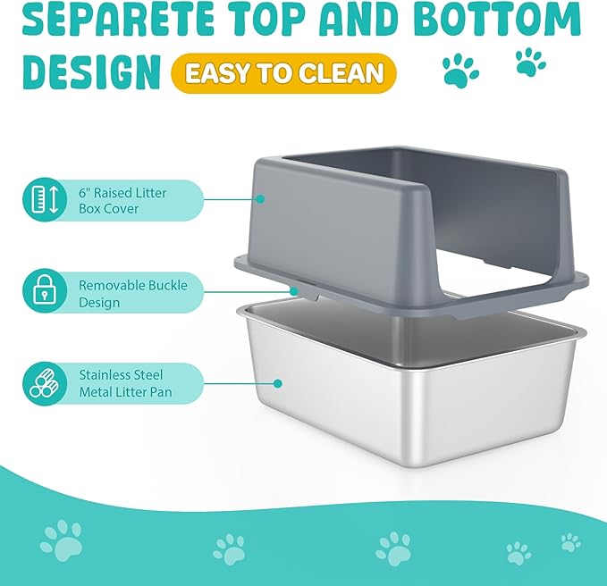 Litter Box with Lid, Stainless Steel Litter Box, 12" Metal Litter Pan High Sides, Small Litter Tray for Kittens, Cat Litter Tray Covered Grey, Easy Clean