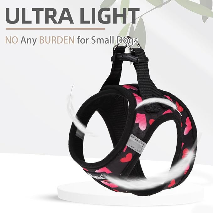 PUPTECK Dog Harness and Leash Set for Small Medium Dogs No Pull Step-in Soft Mesh Puppy Cat Vest Harnesses Reflective at Night Valentine, Black&Pink Heart, M