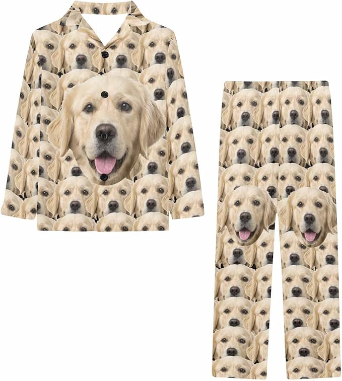 Artsadd Girls Pajamas Set Custom Face Pet Photo Long Sleeve Sleepwear Personalized Printed V-Neck Button-up Pants Nightwear